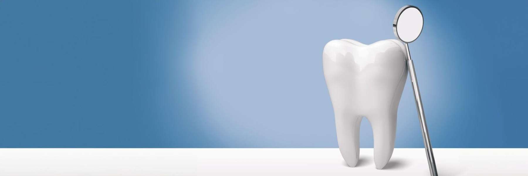 Dental model tooth with a mirror tool representing oral health and professional dentistry services i
